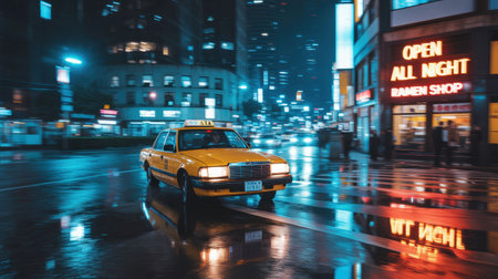 A yellow taxi speeds through a vibrant city street under neon lights. It navigates rainy pavement, reflecting colorful signs of a ramen shop open all night. The atmosphere is lively and urban.の素材