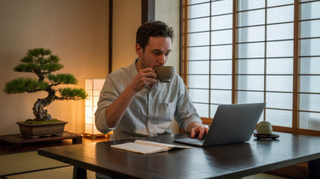 A man sits at a wooden table, sipping tea from a cup while focused on his laptop. The room features a bonsai tree and shoji screens, creating a peaceful atmosphere.の素材