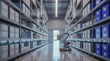 A robotic arm efficiently sorts and organizes boxes in a spacious warehouse. The area is well-lit, showcasing stacked shelves filled with labeled containers.の素材