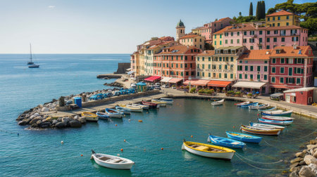 Brightly painted boats are anchored in the tranquil harbor of a charming Italian village. Sunlight reflects off the water, enhancing the vibrant colors of the buildings along the shoreline.の素材