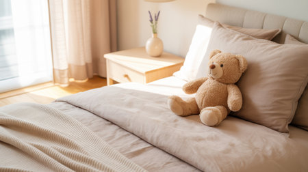 A softly lit bedroom features a plush teddy bear sitting on a neatly made bed with beige linen. A wooden nightstand holds a lamp, and light curtains gently filter the daylight.の素材