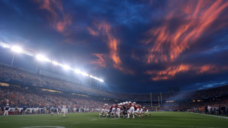 A vibrant sunset casts colorful hues over a football game, with players from both teams gathered in a huddle on the field. Fans cheer excitedly from the stands, creating an electric atmosphere.の素材