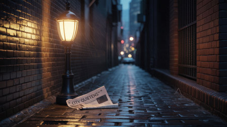 A calm alleyway is softly lit by a streetlamp as rain glistens on cobblestones. A newspaper titled City Queens rests nearby, capturing a moment of stillness at twilight.の素材
