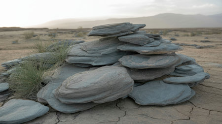 A layered stone formation rests on cracked earth, with tufts of grass sparingly dotting the dry landscape. The sky transitions to dusk, creating a serene atmosphere.の素材