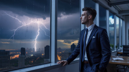 A man stands by a tall office window, watching a thunderstorm unfold outside. Lightning strikes illuminate the dark sky above a bustling city, creating a dramatic atmosphere.の素材