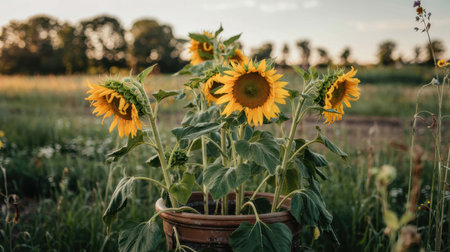 Bright sunflowers in a pot stand tall in a lush green field, soaking up the warm sunlight. This scene captures the beauty of nature during late afternoon, with a serene atmosphere.の素材