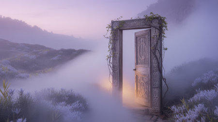 An intricately carved door stands open in soft morning light, covered in vines, surrounded by blooming flowers and fog in an enchanting natural setting.の素材