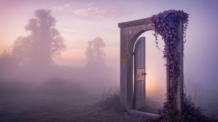 A vintage door stands alone in a foggy landscape, adorned with ivy. The soft light of dawn creates an enchanting atmosphere, sparking curiosity and wonder about the door's origins.の素材