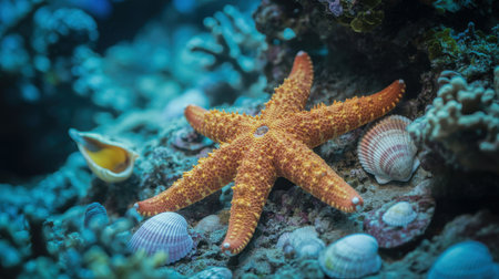 A bright orange starfish is perched on a sandy ocean floor surrounded by various seashells and colorful coral. This lively underwater scene showcases the richness of marine biodiversity.の素材