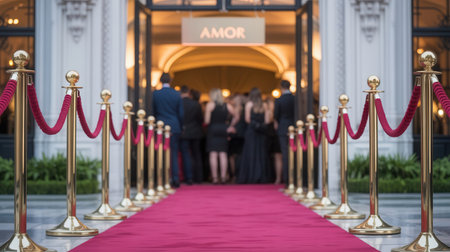 Guests in formal attire gather at the entrance of a sophisticated event named Amor, illuminated by warm lights at twilight, creating an inviting atmosphere.の素材