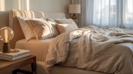 A serene bedroom showcases a neatly made bed with soft, neutral-toned bedding. Morning sunlight streams through sheer curtains, creating a warm and inviting ambiance.の素材