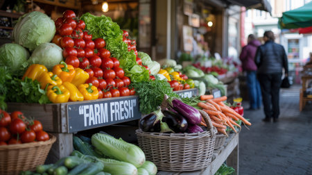 Colorful stands display an array of fresh vegetables and fruits at a local market. Shoppers browse the stalls, creating a lively and vibrant atmosphere.の素材
