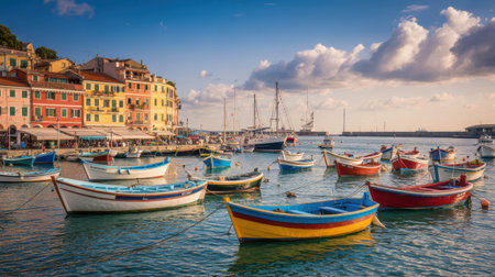 Vibrant fishing boats float in a tranquil harbor, framed by picturesque buildings. The warm light of the setting sun enhances the beauty of this coastal scene.の素材