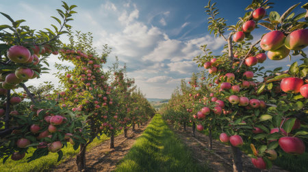 Rows of apple trees bear ripe fruit in a lush orchard under a blue sky dotted with fluffy clouds, showcasing the beauty of the harvest season in warm sunlight.の素材