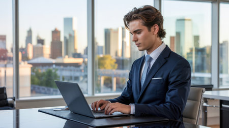 A young man in a formal suit focuses intently on his laptop in a sleek office space. The city skyline can be seen through large windows, showcasing a bright day.の素材