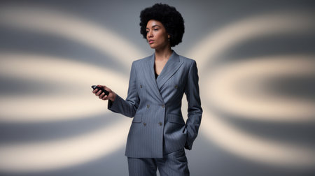Businesswoman in elegant suit holding car key standing in studio with lights and shadows looking awayの素材