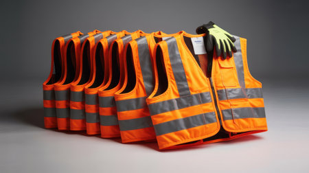 Several safety vests in bright orange are lined up in a row with reflective stripes, accompanied by a pair of gloves, emphasizing essential equipment for construction workers.の素材