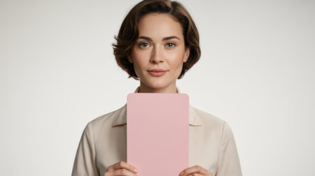 A woman stands in a bright, minimalistic studio, holding a pink card in front of her. She exudes confidence with a gentle smile, her hair styled in soft waves.の素材