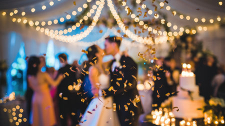 Guests celebrating bride and groom kissing under string lights and falling golden confetti at wedding receptionの素材