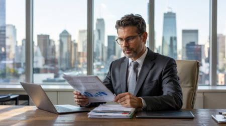 A man dressed in a suit examines documents while seated at a desk in a stylish office. The backdrop features a city skyline, showcasing tall buildings under bright daylight.の素材