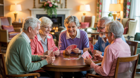 A group of six seniors gathered around a table, engaged in a friendly card game in a warm lounge. They share laughter and smiles, creating a joyful atmosphere.の素材