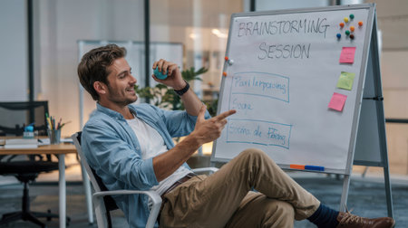 A man sits comfortably in a modern office chair, engaging his colleagues during a brainstorming session. He holds a notepad and gestures while discussing ideas displayed on the whiteboard.の素材
