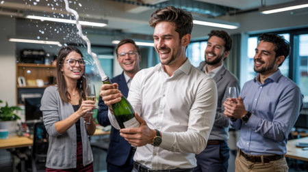A group of five colleagues joyfully celebrates a recent achievement in a bright office. One team member pops a champagne bottle while others cheer and raise their glasses in excitement.の素材