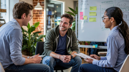 Three team members converse intently in a bright office, exchanging ideas in front of a whiteboard filled with notes, fostering creativity and teamwork.の素材