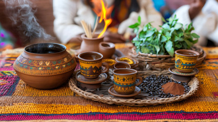 Steaming jebena and decorated coffee cups during a traditional Ethiopian coffee ceremonyの素材