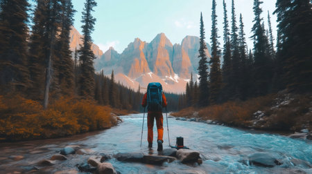 Hiker crossing river flowing through idyllic valley between pine forests and mountainsの素材
