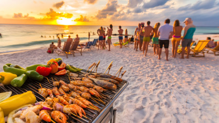 Friends enjoying grilling seafood and vegetables on barbecue at sunset on a beautiful beachの素材