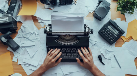 Blind journalist writing on a braille typewriter in his messy office, top viewの素材