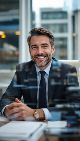 A well-dressed man is seated at a sleek desk in a contemporary office, smiling genuinely. Bright natural light fills the space, enhancing the professional atmosphere.の素材