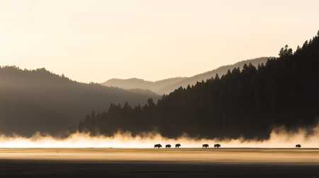 Bison walking on misty plains at sunrise with coniferous forest and mountain range in background in Yellowstone National Parkの素材