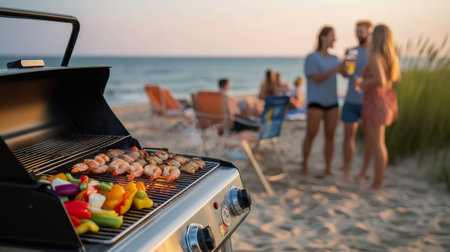 Friends enjoying a beach party at sunset, grilling shrimps and vegetables on a barbecueの素材