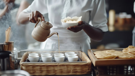 Barista preparing and pouring coffee in small cups during a traditional ethiopian coffee ceremonyの素材