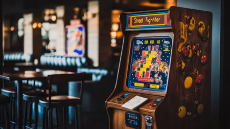 Wooden arcade cabinet running a fighting game in a restaurant setting, showcasing retro gaming and entertainmentの素材