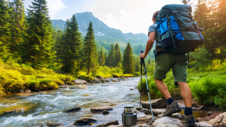 Hiker walking near a river in a mountain forest enjoying the landscapeの素材