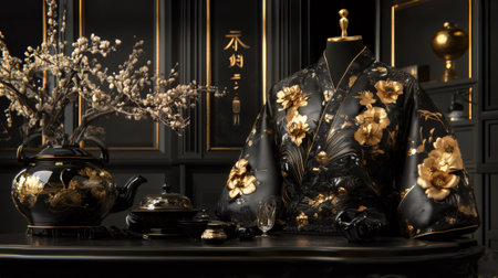 Traditional chinese tea set and luxurious black and gold kimono displayed on mannequin in elegant dark roomの素材