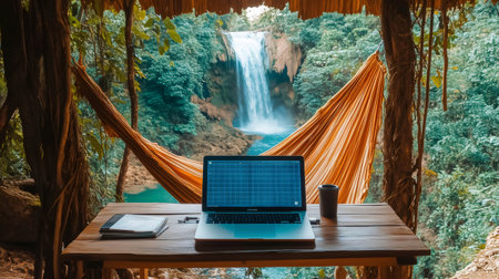 Laptop and hammock in a treehouse office with a waterfall view, embodying the concept of remote work and digital nomad lifestyleの素材
