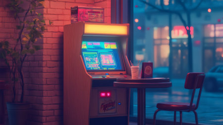 Vintage arcade game cabinet glowing by the window of a cozy retro diner by night with a drink and a menu on a round tableの素材