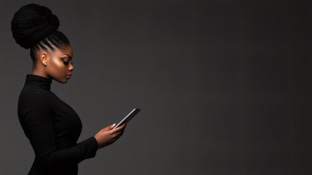 Studio portrait of a young black woman with elegant hairstyle using a mobile phoneの素材