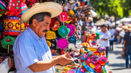Mexican artisan examining colorful alebrijes at a traditional street market in Oaxaca, Mexicoの素材