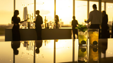 Two cocktails reflecting on a table during a rooftop party at sunset, with bartenders serving drinks to guests in the backgroundの素材