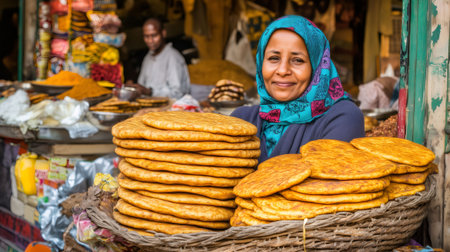 Ethiopian woman selling traditional flatbread at a busy market in Addis Ababaの素材