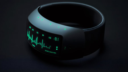 Close up shot of a futuristic biohacking wearable displaying vital signs, resting on a black backgroundの素材