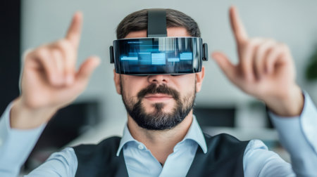Businessman wearing virtual reality headset interacting with virtual interfaceの素材