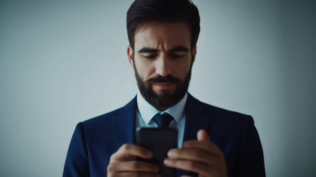 Portrait of a businessman using mobile phone, reading latest news and market updatesの素材