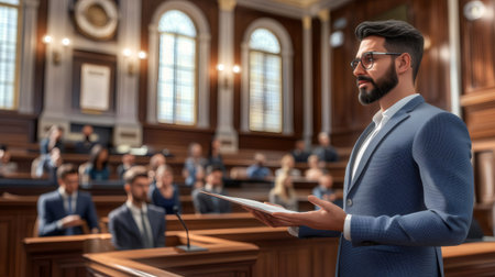 Lawyer confidently presenting a case in court, holding documents and speaking to the juryの素材