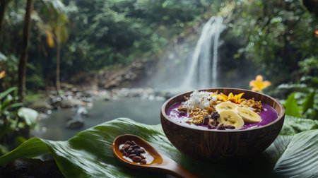 Purple smoothie bowl with banana, granola, coconut flakes, cacao nibs and edible flowers served on a large green leaf in front of a waterfallの素材